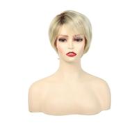 Perruques blondes coupe lutin 10 pouces perruques moelleuses en couches | Perruques courtes synthétiques d'aspect naturel avec frange blonde mélangée avec des racines foncées