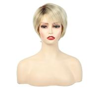Perruques blondes courtes coupe lutin de 10 pouces for femmes, perruques moelleuses en couches avec racines foncées