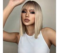 Perruques blondes ombrées brunes et noires de 14 pouces pour femmes, perruques Bobo courtes et lisses avec frange, perruques synthétiques résistantes à la chaleur, perruques élégantes et à la mode, pe