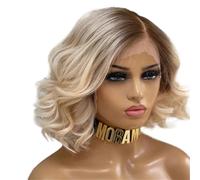 Perruques Blondes Ombrées Femmes Perruque Ondulée Longueur D'épaule Avec Ligne Cheveux Dentelle Prédécoupée, Partie Centrale Naturelle Synthétique Effet naturel et Volumineux(14 inch)