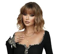 Perruques blondes ombrées ondulées de 16 pouces avec frange, perruque synthétique ondulée for femme for un usage quotidien Effet naturel et Volumineux