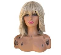 Perruques Bob Blondes Platine Avec Frange, Longueur D'épaule Droite, Perruque De Cheveux Synthétiques Moyens for Femmes,Densité 180 Effet naturel et Volumineux(16 inch)