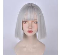 Perruques Bob Droites Courtes Pour Femmes Filles Coupe Émoussée Perruque Naturelle Jk Douce Pour Les Soirées Cosplay Quotidiennes Et Lolita Harajuku (Blanc argenté)