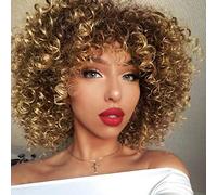 Perruques bouclées pour femmes noires - Brun mélangé blond synthétique afro afro américain complet crépus bouclés perruque avec frange