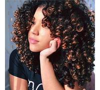 Perruques bouclées pour femmes noires - Brun mélangé noir cheveux synthétiques afro afro crépus bouclés afro perruque avec frange