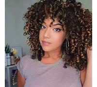 Perruques bouclées pour femmes noires - Perruque afro synthétique afro avec frange Marron ombré