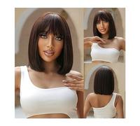 Perruques, Brun foncé court Bob perruques de cheveux synthétiques avec une frange droite Cosplay Lolita perruque naturelle for les femmes Afro coupe émoussée résistant à la chaleur,Perruques pour cou