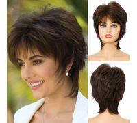 Perruques brunes avec frange pour femmes, perruque courte, coiffure naturelle, racines foncées, perruques de cheveux ombrés-M