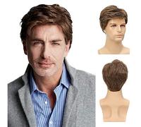 Perruque Brune Pour Hommes, Perruque Brune Pour Hommes Avec Frange, Raie Sur Le Côté. Perruque Brune Courte Et Bouclée Pour Hommes, Pour Tous Les Jours