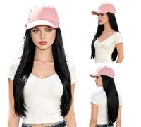 Perruques Casquette de Baseball for femmes, perruque une pièce, cheveux longs et lisses, couverture complète la tête for un style quotidien Perruque dames(Noir)