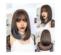 Perruques Cheveux Humains Brun Ombre Bleu Court Bob Perruque De Cheveux Avec Une Frange Perruques Synthétiques for Les Femmes Lolita Cosplay Quotidien Naturel Résistant À La Chaleur Fibre Cheveux Perr