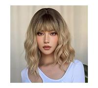Perruques Cheveux Humains Court Wavy Bob Perruques Synthétiques Brun à Blonde Ombre Cheveux Perruques for Femmes avec Bangs Cosplay Lolita Perruque Naturelle Résistant À La Chaleur Perruques pour femm