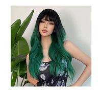 Perruques Cheveux Humains Perruques synthétiques longues bouclées ondulées vert forêt alpine avec frange Cosplay for les femmes Afro Wave Party cheveux d'Halloween Perruques pour femmes