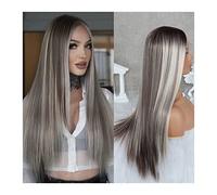 Perruques Cheveux longs et lisses Blond cendré Faits saillants Perruques en dentelle Pré-plumées Ligne de cheveux naturelle T Partie Sans colle Résistant à la chaleur Synthétique Lace Front Perruques