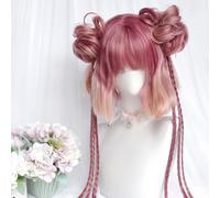 Perruques Cosplay Pour Femmes Petits Pains À Fleurs Courtes Queues De Cheval Avec Perruque Lolita Longue Tresse À Trois Brins Détachable Pour Halloween Noël (Pink)