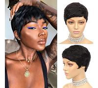 Perruques coupe lutin 6 pouces avec frange, perruques noires de cheveux humains courts, perruques de cheveux humains entièrement faites à la machine,for une utilisation quotidienne par les femmes.