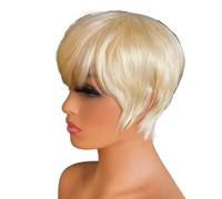 Perruques coupe lutin élégantes et chics de 6 pouces for femmes, cheveux humains à couches courtes avec frange, perruque sans colle complète for un usage quotidien Effet naturel et Volumineux(Blonde)