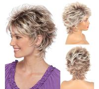 Perruques courtes blondes coupe lutin LEOSA avec frange pour femmes blanches Perruque blonde ombrée brune Perruques synthétiques ondulées bouclée