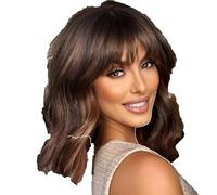 Perruques courtes Bob pour femmes marron foncé avec reflets blonds ondulés avec frange cheveux synthétiques naturels résistants à la chaleur pour un usage quotidien et le cosplay 14 pouces(14in)