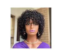 Perruques courtes bouclées avec frange, sans colle, for femmes noires, densité 150, sans dentelle Extensions de cheveux(Black)