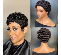 Perruques courtes bouclées cheveux humains, perruque noire Pixie courte bouclée 6 pouces, perruque coupe lutin perruque complète machine, perruque sans colle, for femmes noires bouclée courte.