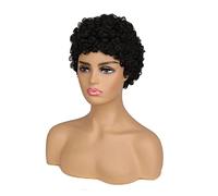 Perruques Courtes Bouclées Complètes Avec Frange Droite Mixte Cheveux Brésiliens Perruque De Remplacement (Noir 6 Pouces)