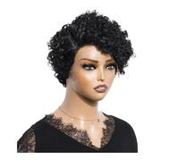 Perruques courtes bouclées coupe Pixie avec dentelle frontale, cheveux humains ondulés avec raie sur le côté, perruque brésilienne Remy for femmes Extensions de cheveux(Natural Black)