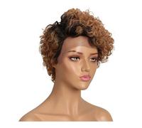 Perruques courtes bou s coupe Pixie avec dentelle frontale, cheveux humains ondulés avec raie sur le côté, perruque brésilienne Remy for femmes(Brown)