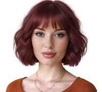 Perruques Courtes Bou s Pour Femmes, Perruque Bob Rouge De 30 Cm À L'aspect Naturel Avec Cheveux Ondulés Et Frange, Perruque Résistante À La Chaleur Pour Un Usage Quotidien Ou Pour Les Fêtes.