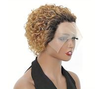 Perruques courtes coupe lutin for femmes noires, perruque lutin à boucles courtes 6 pouces, perruque bouclée lutin en dentelle 13x1 cheveux humains, utilisation quotidienne cosplay for femmes.(Gradien