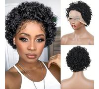 Perruques courtes coupe lutin for femmes noires, perruque Pixie à boucles courtes de 6 pouces, perruque de cheveux humains en dentelle 13x1, perruque ondulée,utilisation en soirée.(Black)