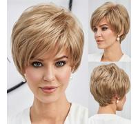 Perruques courtes coupe Pixie blondes claires mélangées blanc cassé pour femmes avec frange, texture semblable à des cheveux humains, cheveux naturels superposés - 10 pouces - 180% - SS9008