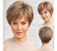 Perruques courtes coupe Pixie blondes claires mélangées blanc cassé pour femmes avec frange, texture semblable à des cheveux humains, cheveux naturels superposés - 10 pouces - 180% - SS9001
