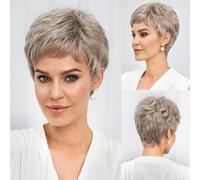 Perruques courtes coupe Pixie blondes claires mélangées blanc cassé pour femmes avec frange, texture semblable à des cheveux humains, cheveux naturels superposés - 10 pouces - 180% - SS9011