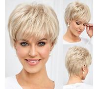 Perruques courtes coupe Pixie blondes claires mélangées blanc cassé pour femmes avec frange, texture semblable à des cheveux humains, cheveux naturels superposés - 10 pouces - 180% - SS9006
