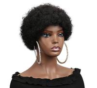 Perruques courtes crépues bouclées sans colle for femmes, cheveux humains d'apparence naturelle des années 70 avec frange, cheveux bouffants rebondissants Effet naturel et Volumineux(Natural Black)