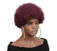 Perruques courtes crépues bouclées sans colle for femmes, cheveux humains d'apparence naturelle des années 70 avec frange, cheveux bouffants rebondissants Effet naturel et Volumineux(Wine red)