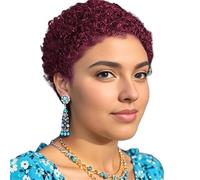Perruques courtes de cheveux humains afro crépus bouclés de 4 pouces for femmes, perruque complète et moelleuse, cheveux sans colle d'aspect naturel Pixie(Wine Red)