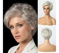 Perruques courtes en cheveux humains gris argenté pour femmes, perruque bouclée mélangée avec frange, cheveux naturels à usage quotidien - #8-1 pièce