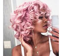 Perruques courtes et bouclées résistantes à la chaleur en fibre duveteuse afro de cheveux synthétiques naturels pour femme noire et blanche respirante rose filet rose