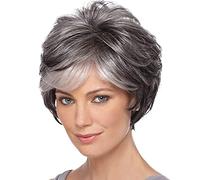 Perruques courtes grises coupe pixie pour femme cheveux synthétiques superposés gris mélangé perruque avec frange blanche perruques ondulées naturelles pour vieille femme