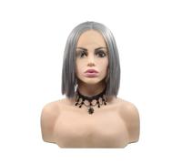 Perruques Courtes Grises De 30 Cm, Perruques Synthétiques À Dentelle Frontale For Femmes, Cheveux Raides En Fibre Résistante À La Chaleur Postiche Cheveux Femme