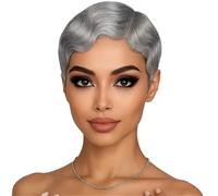 Perruques courtes grises de vrais cheveux de 4 pouces, perruque Pixie en couches coupe droite, complète sans colle for femmes noires Effet naturel et Volumineux