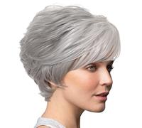 Perruques courtes grises pour femmes, perruque ondulée courte et bou naturelle avec frange pour la fête quotidienne.