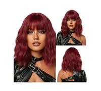 Perruques courtes ondulées de 14 pouces avec frange, perruque synthétique colorée bou de longueur d'épaule de Bob for les femmes à usage quotidien Effet naturel et Volumineux(Red)