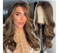 Perruques courtes ondulées marron avec mèches blondes pour femmes noires | Perruque courte ondulée pour femme noire - 33 x 10 cm - Perruque synthétique avec dentelle frontale - 55,9 cm