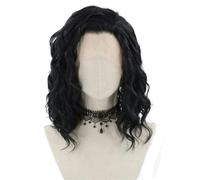 Perruques courtes ondulées noires for femmes, perruque synthétique Lace Front Wig avec raie centrale, naissance des cheveux naturelle Effet naturel et Volumineux(16 inch)