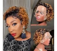 Perruques courtes Pixie Cut dégradé marron,13x1 perruques de cheveux humains bouclés en dentelle, 6 pouces boucles courtes perruque Pixie, for les femmes utilisation quotidienne cosplay fête.