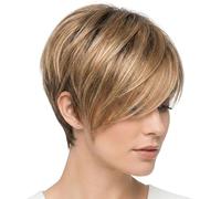 Perruques courtes pour femmes, perruque synthétique courte blonde ombrée avec frange latérale, aspect naturel résistant à la chaleur, perruques de cheveux humains