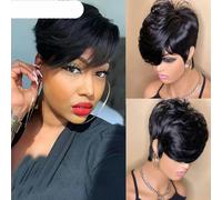 Perruques courtes sans colle prêtes à porter, perruques de cheveux humains raides sans colle, perruques ondulées entièrement fabriquées à la machine avec frange - Modèle pouces - 150 densité